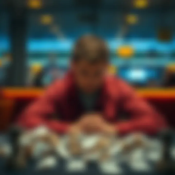 A person looking troubled, sitting at a table with crumpled betting slips and a worried expression, symbolizing the struggle of overcoming gambling loss.
