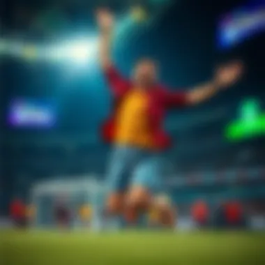 A happy person jumping in excitement after winning a sports bet, with sports graphics in the background