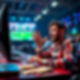 A passionate bettor showing frustration as he watches the game on a screen, nearly winning a big prize, with money on the table