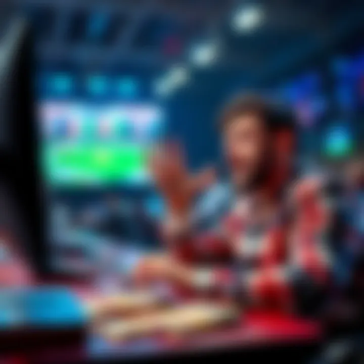 A passionate bettor showing frustration as he watches the game on a screen, nearly winning a big prize, with money on the table