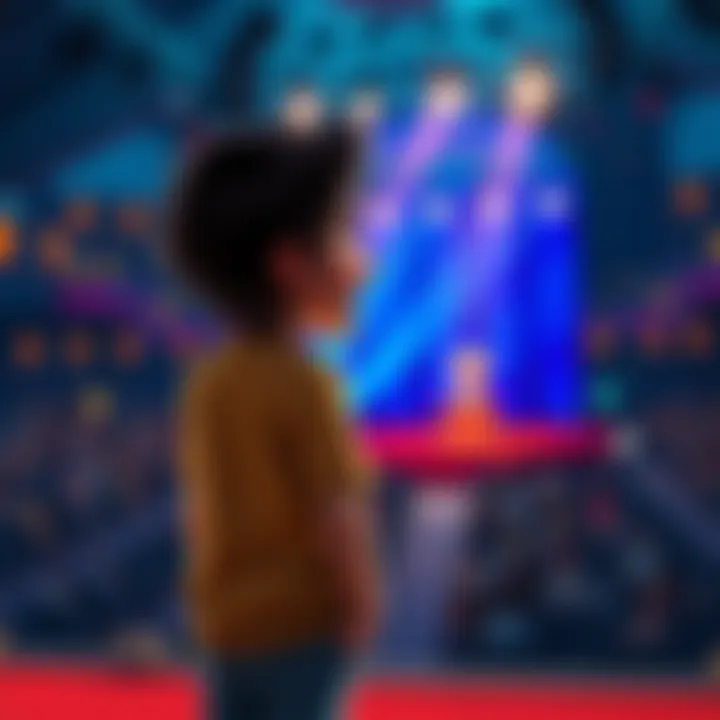 A hopeful character stands nervously, looking toward the stage where a prize ceremony is set to take place.