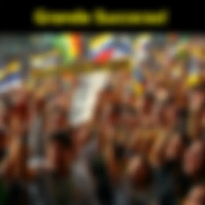 A large crowd of people celebrating a significant achievement with banners and smiles, showing enthusiasm and joy.