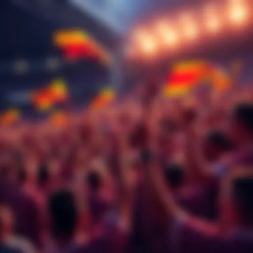 A crowd of fans joyfully celebrating a soccer goal in a stadium, waving flags and cheering.
