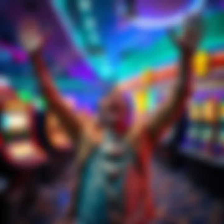 A happy gambler raising arms in celebration after winning a jackpot in a casino, with colorful lights and slot machines in the background