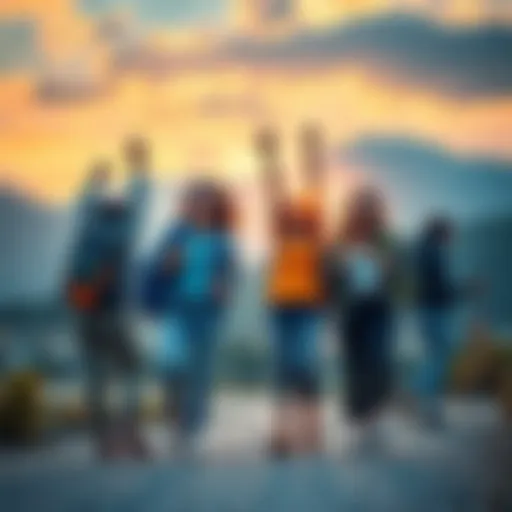 A cheerful group of individuals with backpacks ready to start an adventure