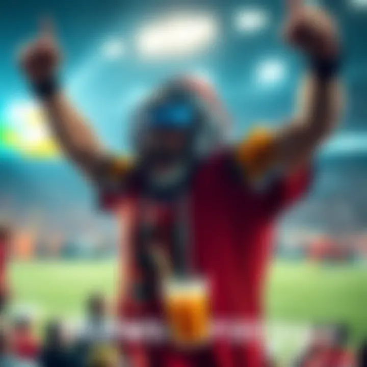 A football fan cheering with excitement after a big win during Thursday Night Football, wearing team colors and holding a drink