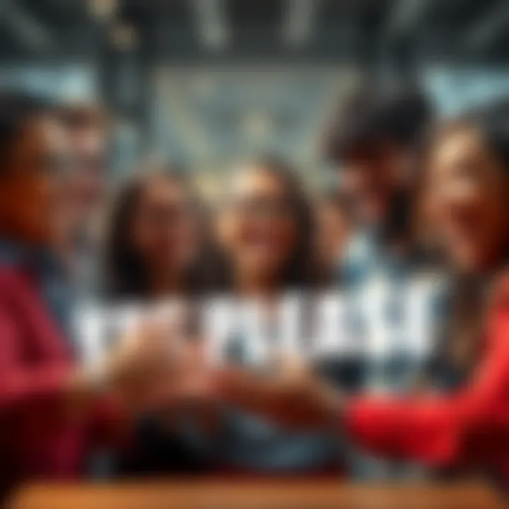 A group of diverse individuals discussing and smiling about a financial opportunity related to 'YES PLEASE', showing excitement and interest.