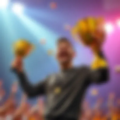 Excited person holding a large trophy A happy individual celebrating while holding a big trophy, symbolizing victory and success