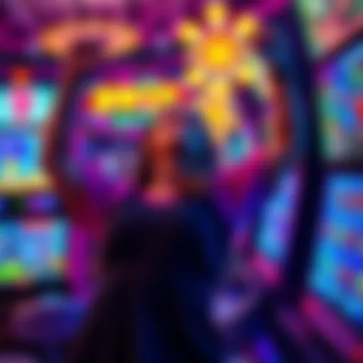 A joyful person celebrating a win while playing a slot game with colorful lights and spinning reels in the background.
