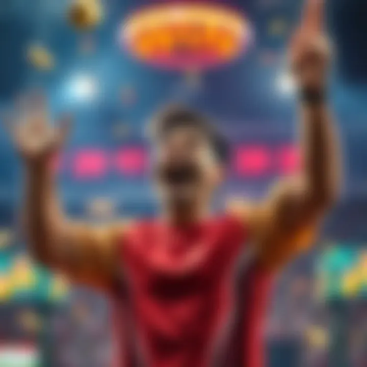 A happy player with raised arms celebrating a victory after a surprise win in an online betting game called Drop Em