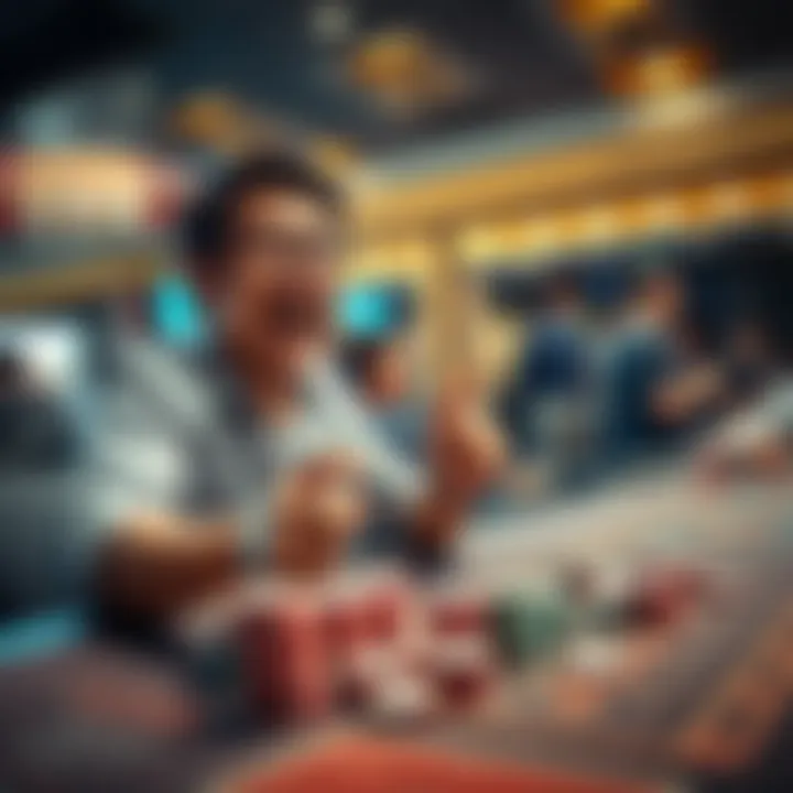 A player showing excitement at a game table after a big win, with chips piled up and a joyful expression