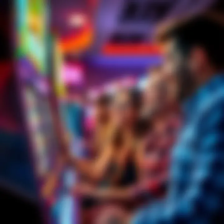 Group of players eagerly watching a slot machine with bright lights and spinning reels, anticipating a big win