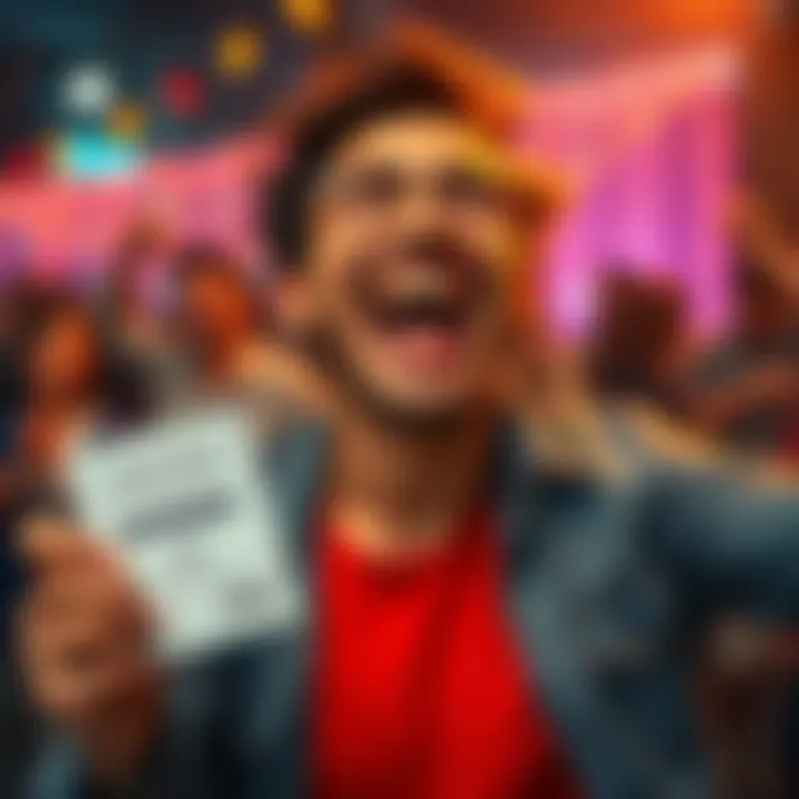 A person excitedly celebrating after winning a prize, holding a scratch-off ticket with joy on their face.