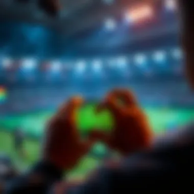 A person placing a bet on a smartphone with a sports game displayed in the background, showcasing excitement in sports betting.