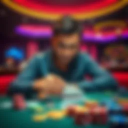 A confident player analyzing risky betting options at a casino table, surrounded by colorful chips and cards.