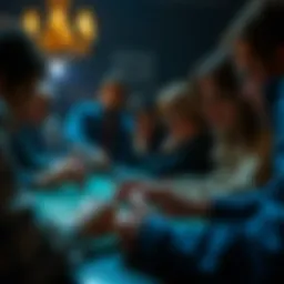 A close-up of a tense card game with players focused on their hands and expressions of anticipation, highlighting the last round's emotional impact.