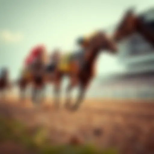 A thrilling moment in a horse race with a leading horse just ahead of the pack nearing the finish line.