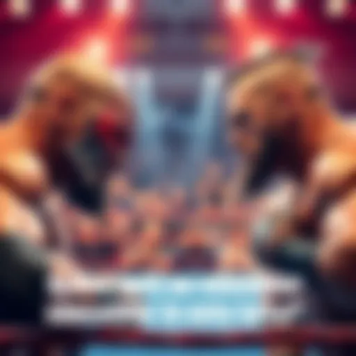 Two wrestlers face off in a ring, showing intense determination as fans cheer in the background.