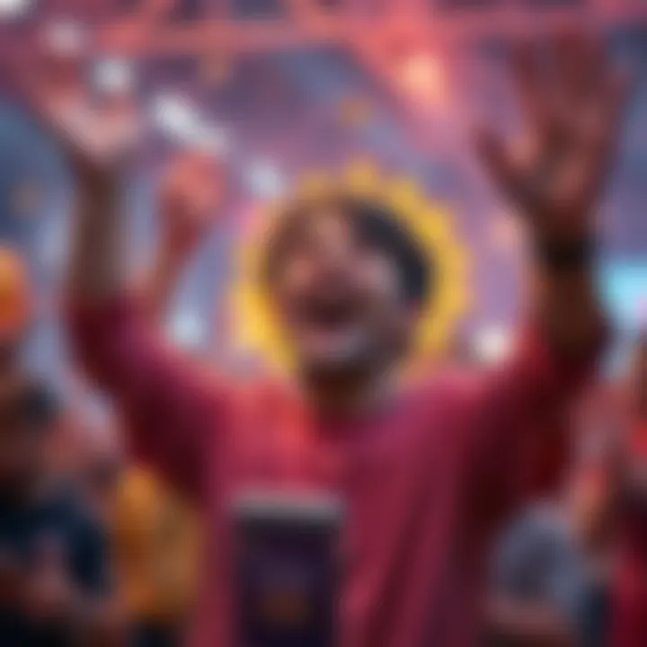 A player celebrating a 250x reward victory with a joyful expression and hands in the air, showcasing a winning ticket or notification on their device.