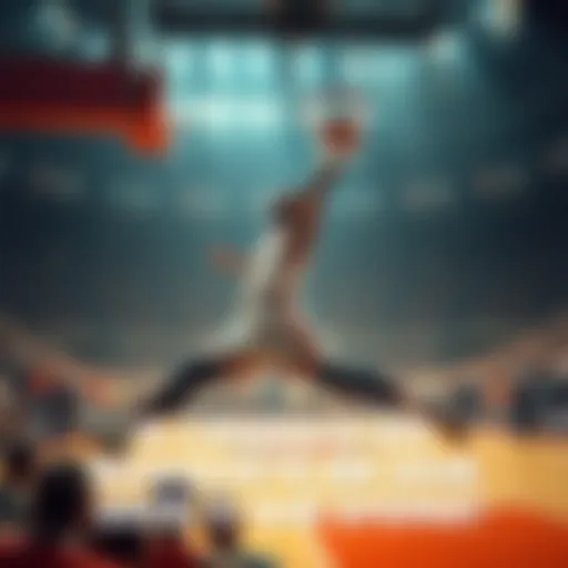 A basketball player making a dramatic dunk during a game, surrounded by cheering fans in the stands.