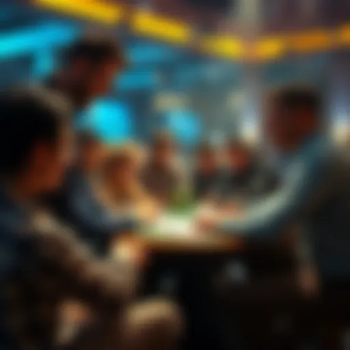 Exciting Betting Evening People gathered around a table with betting slips, eagerly discussing the big prize event tonight