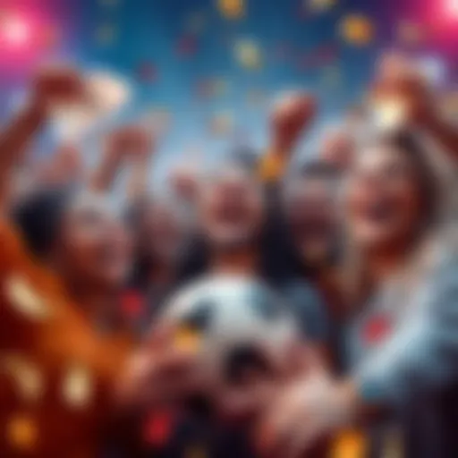 A group of happy people celebrating their betting wins, with sports elements like a soccer ball and money symbols around them