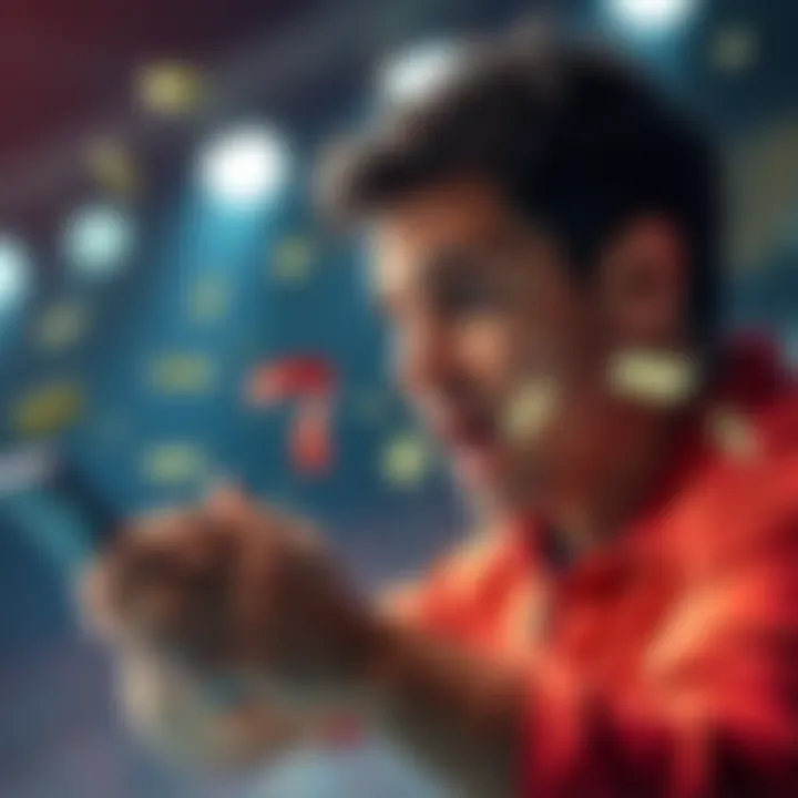 A person looking excited while checking a betting app for odds, with symbols of cash around them.