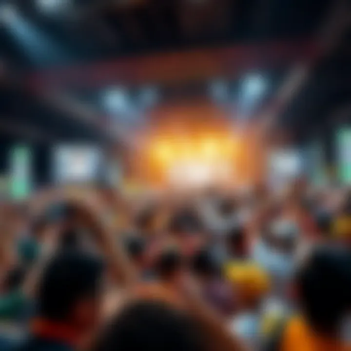 A lively crowd cheering at a large betting event, with people celebrating and displaying their winning bets, showcasing the thrill of competition.