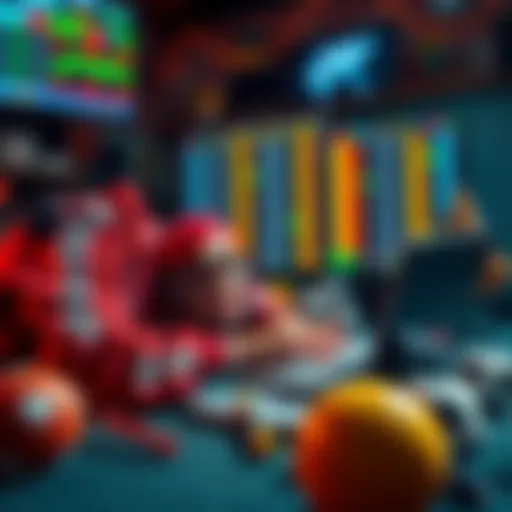 A person analyzing betting odds on their laptop with sports paraphernalia around