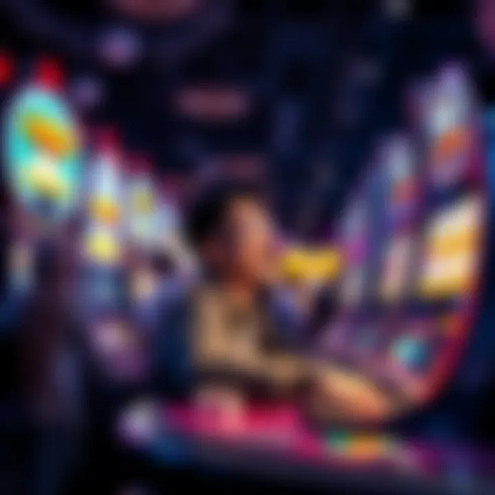 A person at a casino table excitedly playing a slot machine, surrounded by colorful lights and other players.