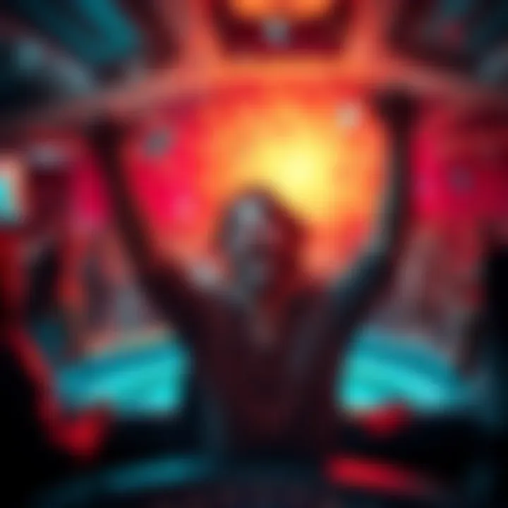 A person celebrating a big win at the casino with confetti and a cheering crowd around them.