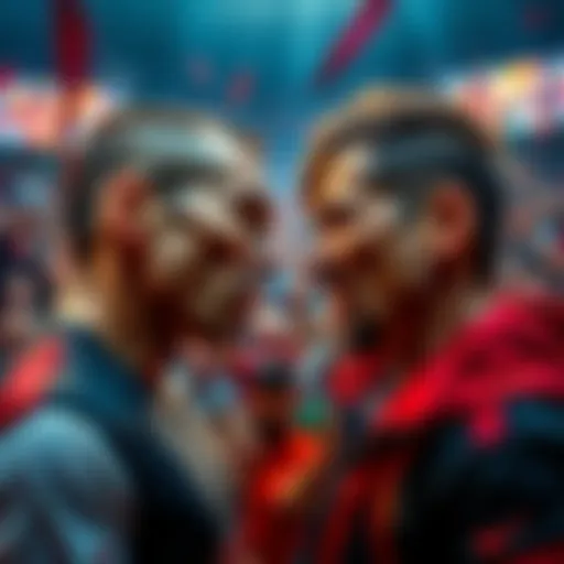 Two competitors facing off with intense expressions, surrounded by a crowd showing excitement, representing a heated challenge.
