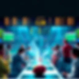 A vibrant scene of people placing bets on various sports like cricket and rugby, with a scoreboard showing odds and selections, capturing the thrill of daily betting challenges.