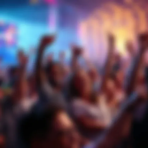 A large crowd celebrating an unforgettable event with smiles and joyful expressions, holding banners and enjoying entertainment.