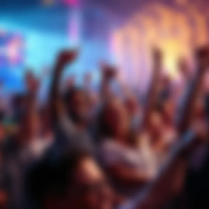 A large crowd celebrating an unforgettable event with smiles and joyful expressions, holding banners and enjoying entertainment.