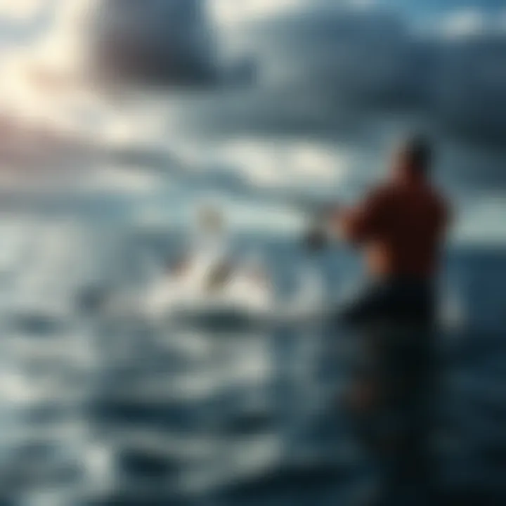 A fisherman casting his line into the water, surrounded by nature, as five fishing lures splash around, creating excitement.
