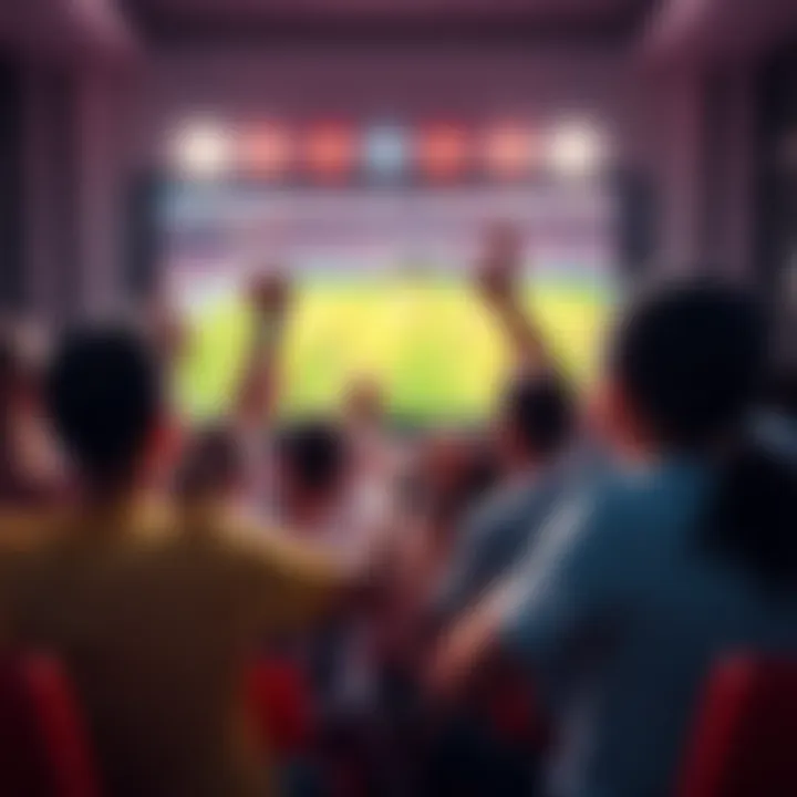 A group of friends cheering and celebrating while watching a soccer match on a big screen, showing intense emotions and excitement.