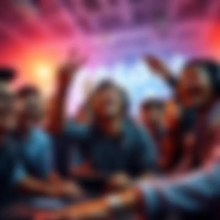 A group of people celebrating a gaming victory after a tough match, showing joy and resilience