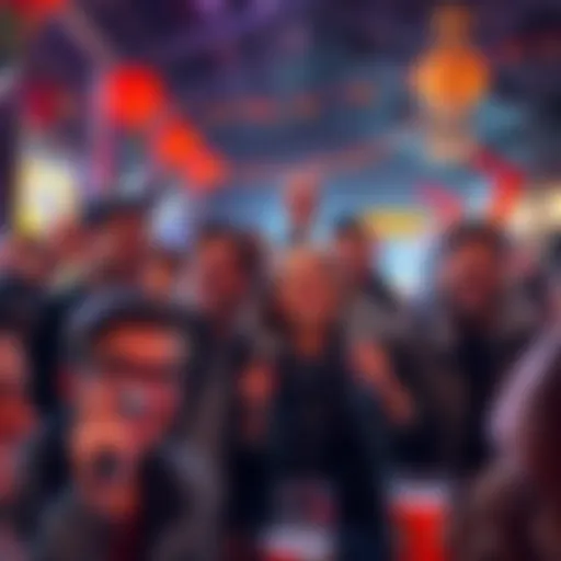 A lively scene of people celebrating and placing live bets during a festive weekend, with joyful expressions and a family atmosphere.