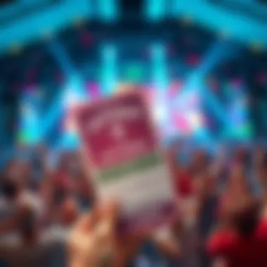 A colorful lottery ticket with a happy crowd cheering in the background