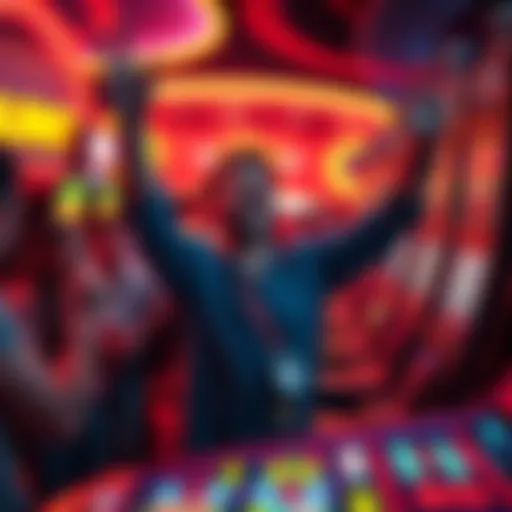 A player celebrating a big win at a casino while placing a small bet of 0.10 reais, surrounded by colorful slot machines and cheering onlookers.