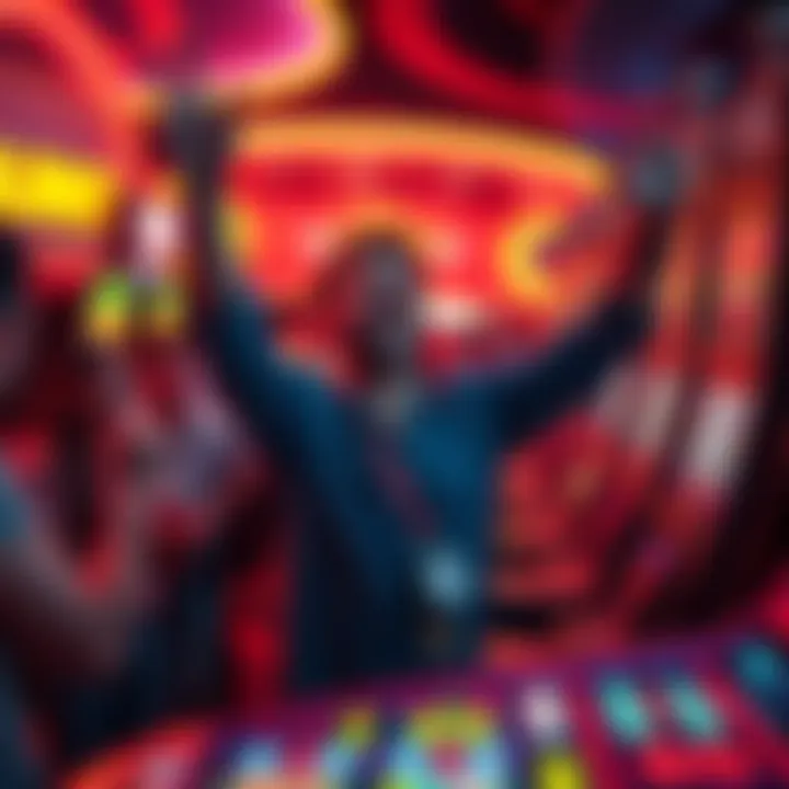 A player celebrating a big win at a casino while placing a small bet of 0.10 reais, surrounded by colorful slot machines and cheering onlookers.