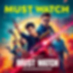 A colorful movie poster featuring dynamic characters and a dramatic background scene