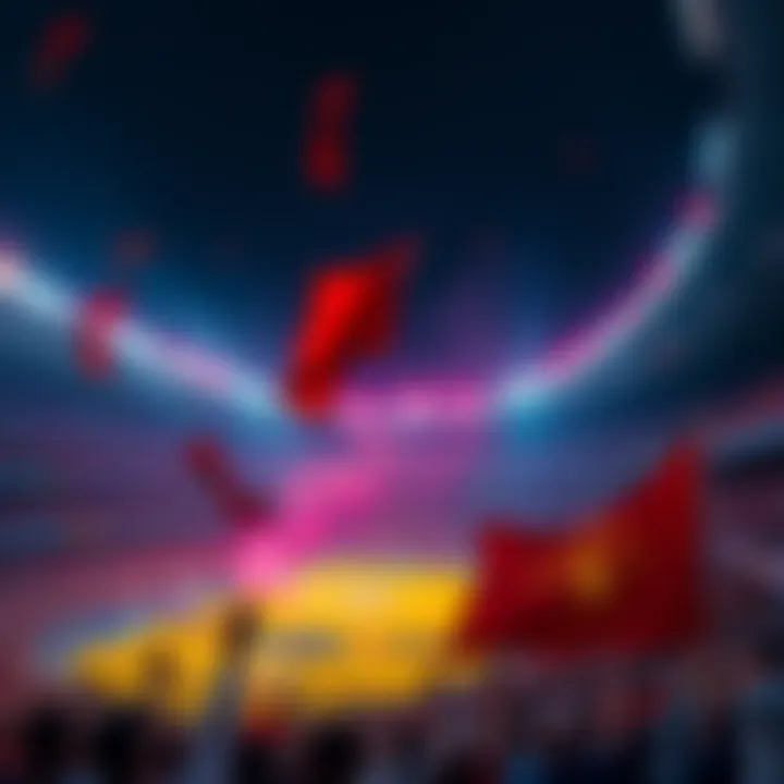 A vibrant stadium filled with cheering fans, waving flags, and colorful lights for tonight's game