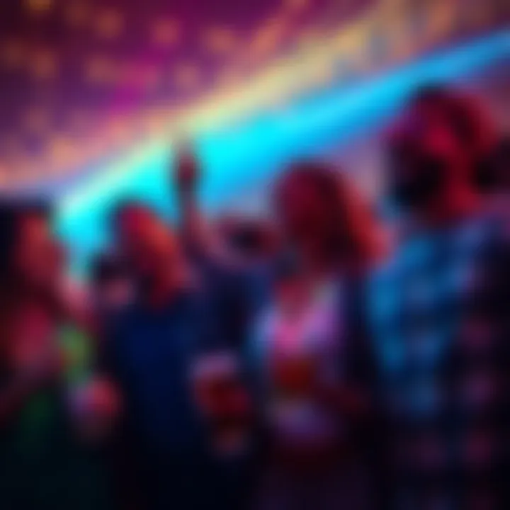 A group of friends laughing and enjoying a vibrant night filled with lights and music.