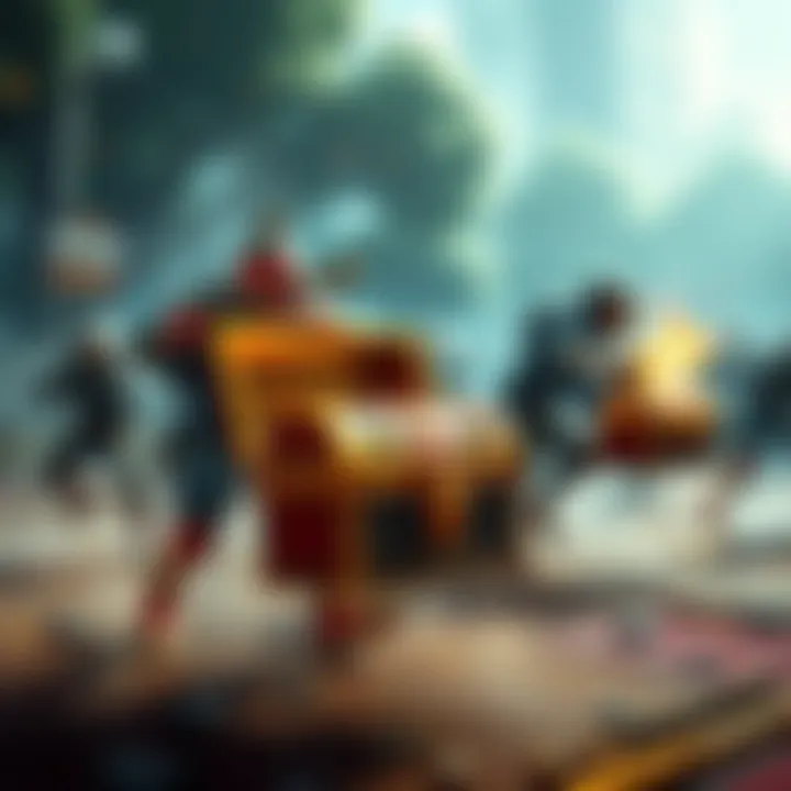 A thrilling battle royale scene showing players in action with two golden chests and knockout highlights in the background.