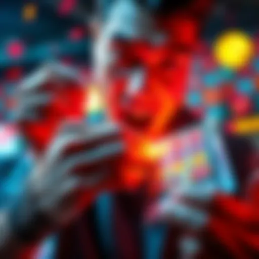 A person scratching a lottery ticket revealing colorful graphics and symbols, with a look of anticipation on their face.