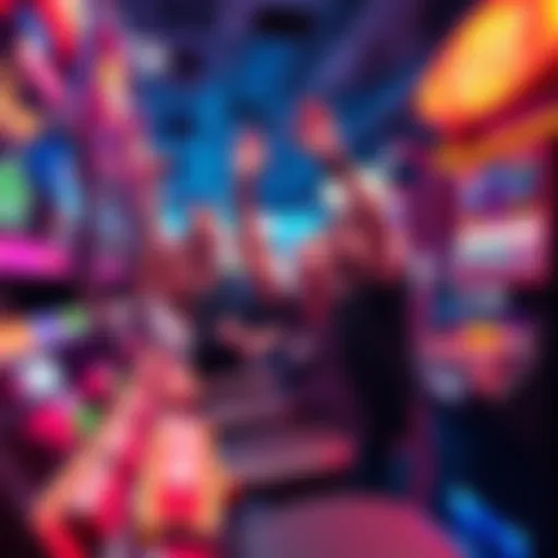 A group of people celebrating a big win at a slot machine with bright lights and colorful graphics.