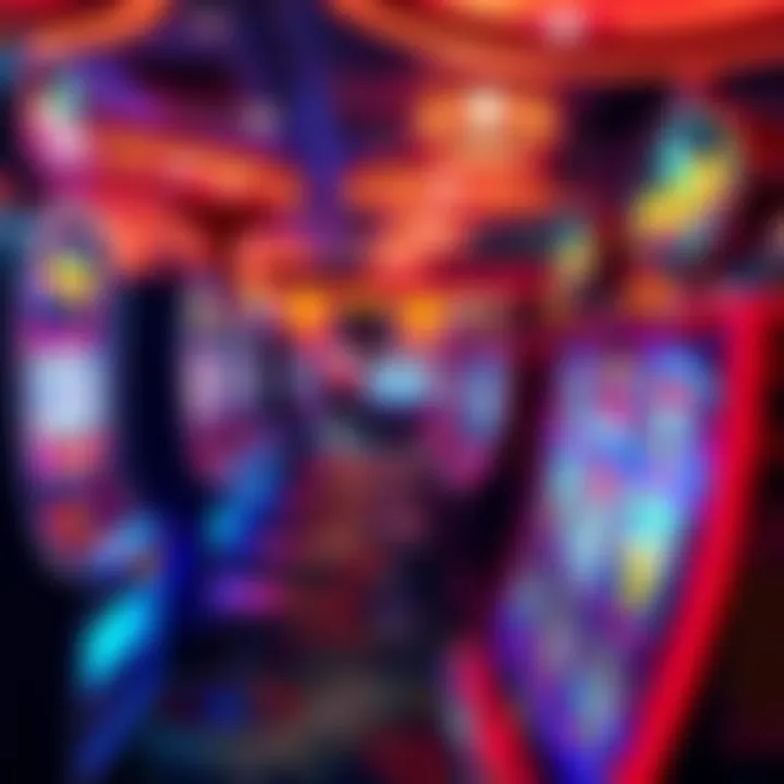Colorful slot machines with spinning reels and bright lights at a casino