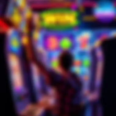 A person celebrating a big win at a slot machine, with colorful game graphics in the background.